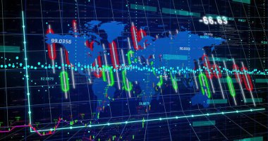 Mavi harita, turkuaz trend çizgisi olan kırmızı ve yeşil şamdanları ticari gösterge panelinde gösteriyor. Coğrafi, analitik, görselleştirme, veri, finans, teknoloji, gösterge paneli