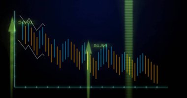 Koyu dijital gösterge paneli, kılavuz, çizgi, neon oklar,% 50% 51.84 üzerinde finansal tablo gösteriliyor. Veri analizi, finansal büyüme, dijital panel, neon estetik, pazar eğilimleri, istatistiksel görselleştirme, ekonomik göstergeler