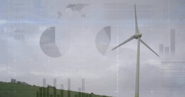 Yeşil tepede veri üreten rüzgar türbini görüntüleniyor, veri grafikleri örtüşüyor. Yenilenebilir, sürdürülebilirlik, teknoloji, çevre, dijital, çevre dostu, modern