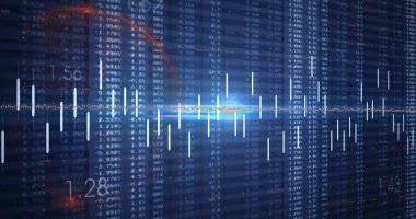 Mavi ızgara üzerinde yükselen mum çubukları gösteriliyor, parlayan eksen çizgisi ve veri sütunları gösteriliyor. Finansal, teknoloji, dijital, analitik, fütüristik, veri görselleştirme, yatırım