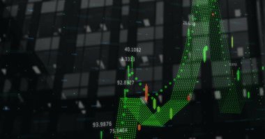 Ofis binası pencerelerinde noktalı dalga, şamdan çubukları ve veri etiketleriyle grafik gösteriliyor. Finans, veri görselleştirme, teknoloji, şirket, analitik, yatırım, dijital