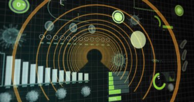 Gösterge panelinde turuncu halkalar, aylık çizelge, yeşil çizelge ve virüs simgeleri var. Analizler, veri görselleştirme, gösterge paneli, bilgi grafikleri, dijital arayüz, yenilik, teknoloji