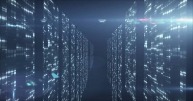 Sanal koridorda parlayan matris noktaları ve mercek fişekleri olan veri panelleri gösteriliyor. Fütürist, dijital, soyut, teknoloji, siber uzay, neon, minimalist