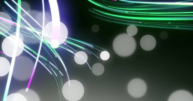 Fanning çok renkli neon ışıklı çizgiler dijital sanat alanında kıvrımlı, yumuşak bokeh daireli. Soyut, dijital sanat, canlı, fütüristik, hareket, parlaklık, üretkenlik