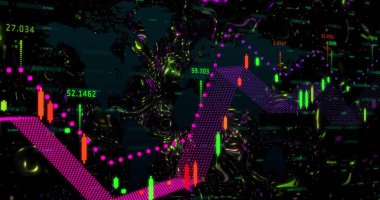 Neon şamdanlar, mor ok veri etiketleri ve harita dokularıyla torpido gözünde salıncakları takip ediyor. Fütürist, dijital, soyut, enerjik, analitik, finans, teknoloji