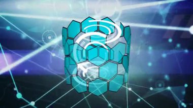 Altıgenlerin mavi arkaplandaki bağlantı ağı üzerinden animasyonu. ağ, bağlantılar, bilim ve teknoloji konsepti dijital olarak oluşturulmuş video.