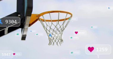 Turuncu basketbolu potaya fırlatmak, sosyal ikonlar yüzüyor ve 3 boyutlu sayı yapmak için yükseliyor. Dinamik, enerjik, modern, dijital, canlı, rekabet, başarı