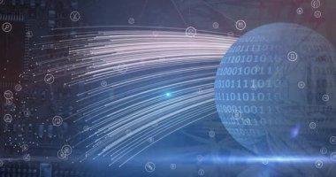 Donanma uzayında ikili kodlu ikonların dünya üzerindeki animasyonları. küresel ağ, veri işleme, teknoloji ve dijital arayüz kavramı dijital olarak oluşturulmuş video.