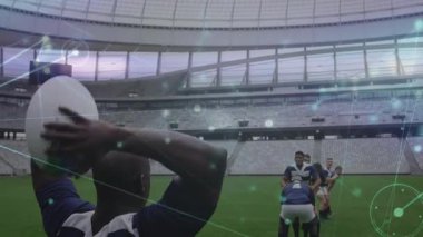 Rugby player 2 gripping ball throwing lineout, lifters boosting jumper catching with data overlay. Athletics, teamwork, performance, competitive, motion, sportswear, data visualization