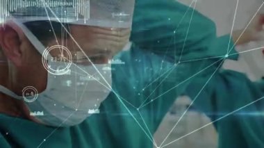 Cerrahi maske takan Kafkas erkek cerraha karşı bir bağlantı ağı. Sağlık ve tıbbi teknoloji kavramı