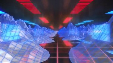 Dijital dağların üzerindeki şekillerin animasyonu. Sosyal medya, bağlantılar ve dijital arayüz konsepti dijital olarak oluşturulmuş video.