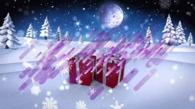 Kış manzarasında yılbaşı hediyesi olarak düşen karın animasyonu. Noel, kış, gelenek ve kutlama konsepti dijital olarak oluşturulmuş video.