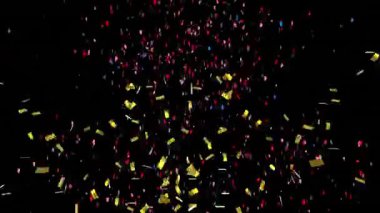 Siyah arka planda düşen renkli konfeti animasyonu. parti ve kutlama konsepti dijital olarak oluşturulmuş video.