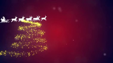 Noel Baba 'nın üzerine yağan kar, ren geyiği ve yılbaşı ağacıyla dolu bir kızakla. Noel, gelenek ve kutlama konsepti dijital olarak oluşturuldu.