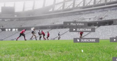 Rugby oyuncuları itişip kakışan çim pazarlama programları oluşturuyorlar, oyuncu sayı yapmak için koşuyor. Atletizm, rekabet, takım çalışması, aksiyon, açık hava, stadyum, spor