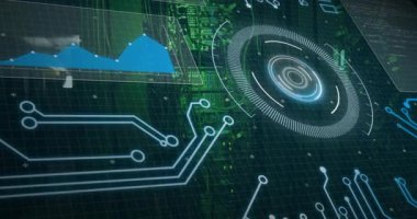 Başlangıçta radar HUD dönerken mavi grafik titreşimli konnektörler veri göstermek için kaydırıyor. Teknoloji, veri görselleştirme, dijital arayüz, fütüristik, siber güvenlik, hareket grafikleri, analitik