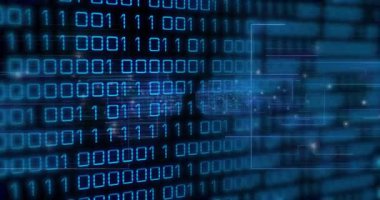 İnce kaydırma, veri akışını temsil eden mavi ikili satırların sağa kaymasına ve ızgara darbesine neden olur. Dijital, teknoloji, fütüristik, soyut, veri, arayüz, yenilik