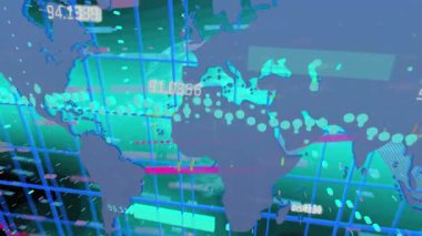 Mavi arka planda dünya haritası üzerinden finansal veri işleme. Küresel finans ve ağ teknolojisi kavramı