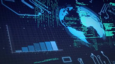 Başlangıçta 3D dünya ve bar grafiği ortaya çıkıyor, kod akış devreleri bağlanıyor, veri akışını görselleştiriyor. Teknoloji, analitik, görselleştirme, fütüristik, dijital, yenilik, arayüz