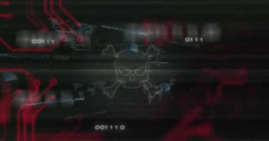 Arızalı UI, kafa tası titremesi, ikili akış ve pasta grafiği şekillendirme hacker paneli. Siber güvenlik, dijital, fütüristik, teknoloji, ağ, alarm, müdahale