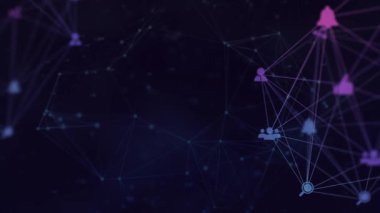 Siyah arka planda dönen dijital simgelerin dijital animasyonu. küresel ağ ve teknoloji kavramı