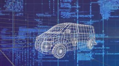 Veri işleme sisteminde 3D araba çizimi animasyonu. global otomobil mühendisliği, tasarım ve veri işleme kavramı dijital olarak oluşturulmuş video.