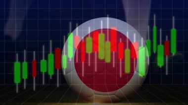 Japon bayraklı futbol topunun dinlenmeye başlaması, şamdan çubuklarının yükselmesi, pazar eğilimini gösteren kaymalar. Finans, ticaret, piyasa analizi, yatırım, veri görselleştirme, dijital, teknoloji