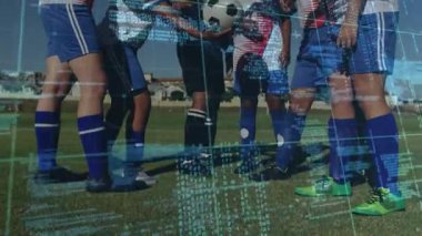 Futbol antrenmanında altı bayan futbolcu ellerini topa koyuyor ve topu yukarı doğru itiyor. Takım, atletizm, takım çalışması, fitness, açık hava, birlik, motivasyon