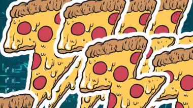 Pizza günü mesajları ve pizza ikonlarının bilgisayar devre kartında canlandırılması. küresel sosyal medya, teknoloji ve dijital arayüz konsepti dijital olarak oluşturulmuş video.