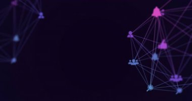 Mavi arka planda fotokopi alanı ile dönen iki dijital simgenin dijital animasyonu. Küresel ağ ve teknoloji kavramı