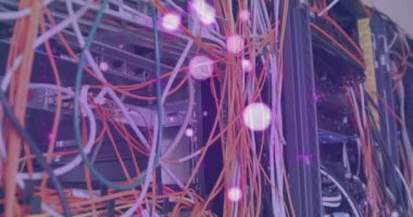 Kabloların ve bilgisayar sunucusunun üzerinde uçan mor noktaların animasyonu. küresel hesaplama ve veri işleme kavramı dijital olarak oluşturulmuş video.