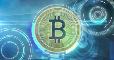 Donanma arka planında işlem çemberleri ve bitcoin animasyonu. Dijital olarak oluşturulan küresel veri işleme, finans ve teknoloji konsepti.