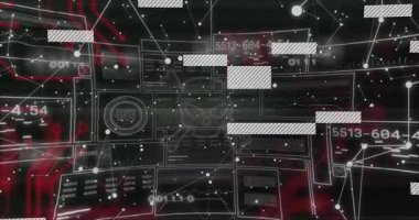 Parıldayan hatlar ağ ağı oluşturuyor, paneller ve çubuklar kayıyor, kafatası simgesi sinyal veriyor. Siber güvenlik, dijital, geleceksel, teknoloji, veri, uyarı, yüksek teknoloji