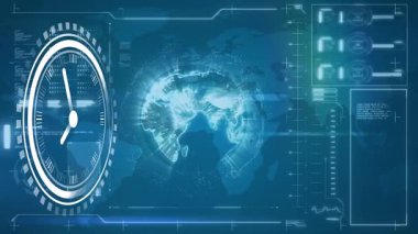 Dünya haritası üzerinde hareket eden saatin animasyonu çeşitli veriler ve ekran üzerinde. Mor arkaplanda veri işleme üzerine saat ve dünyanın animasyonu.