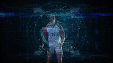 Erkek futbolcu topu takip ediyor, veri arkaplanına çarpmadan önce göğsü kontrol ediyor. Sporcu, spor, görselleştirme, teknoloji, yenilik, hareket, dinamik