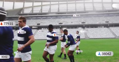 Eight rugby players entering field forming lineout with floating media alerts for sports training. Athletes, teamwork, coordination, sports, competition, stadium, fitness