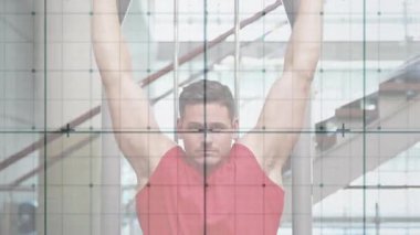 Man gripping lat pulldown bar and performing reps engaging back muscles in fitness gym area. Strength, exercise, fitness, physique, training, health, workout