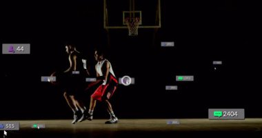 Ball-handler starting dribbling and spawning floating social engagement bubbles highlighting growth. Athletic, competition, teamwork, urban, dynamic, vibrant, motivation