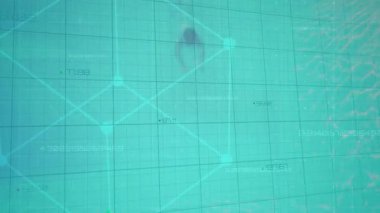 Animation of statistics with green lines over caucasian man underwater swimming in pool. global finance, data processing and healthy active lifestyle concept digitally generated vide