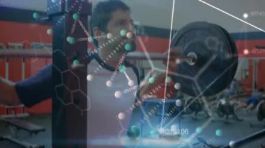 Man entering red-black gym gripping barbell and activating binary data overlay during fitness squat. Strength, training, innovation, fitness, technology, motivation, motion