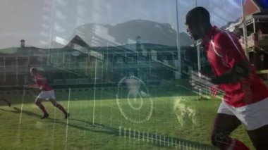 Data display fading in showing live stats as teammates sprinting on pitch for training analysis. Futuristic, dynamic, technology, sports, performance, innovation, fitness