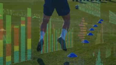 Male athlete starting agility drill zigzagging cones jumping, reversing with sports stats overlay. Athlete, training, fitness, agility, performance, sport, outdoors