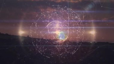 Manzara üzerindeki bağlantı ağlarının küresinin animasyonu. küresel iş, bağlantılar ve veri işleme kavramı dijital olarak oluşturulmuş video.