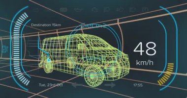 Dijital arabanın üzerindeki araba panelinin animasyonu. küresel ulaşım ve dijital arayüz kavramı dijital olarak oluşturulmuş video.