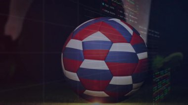 Finansal tablolar futbol topunun gerisinde kalıyor, oyuncu ayağı kayıyor, top dönüyor ve sağa dönüyor. Spor, analitik, teknoloji, rekabet, dinamizm, performans, dijital