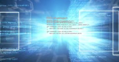 Mavi arka planda bilimsel veri işleme animasyonu. Küresel bilim, bağlantılar, veri işleme ve dijital arayüz kavramı dijital olarak oluşturulmuş video.