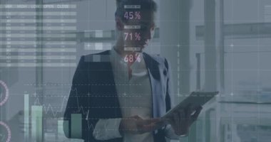 Animation of statistics and data processing over busy city street. Global sports fitness data processing and digital interface concept digitally generated video.