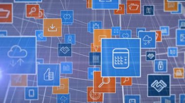 Menekşe arkaplanda yüzen teknoloji simgelerinin animasyonu. küresel ağ, bağlantılar ve teknoloji konsepti dijital olarak oluşturulmuş video.