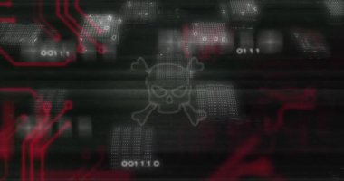Karanlık şebeke kırmızı devreleri açıyor ve kafatası ikilisi sinyal kesme uyarısı veriyor. Siber güvenlik, dijital, teknoloji, veri, geleceksel, ağ, arıza