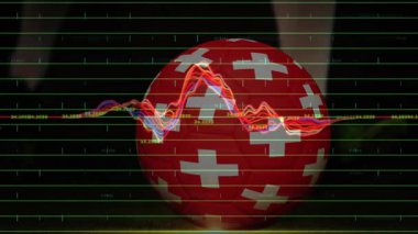 Kırmızı küre ızgarada beliriyor, titreşimli dalgalar yayılıyor ve ekrandan kayarak veri gösteriyor. Soyutlama, fütüristik, hareket, dijital, görselleştirme, dinamik, teknoloji